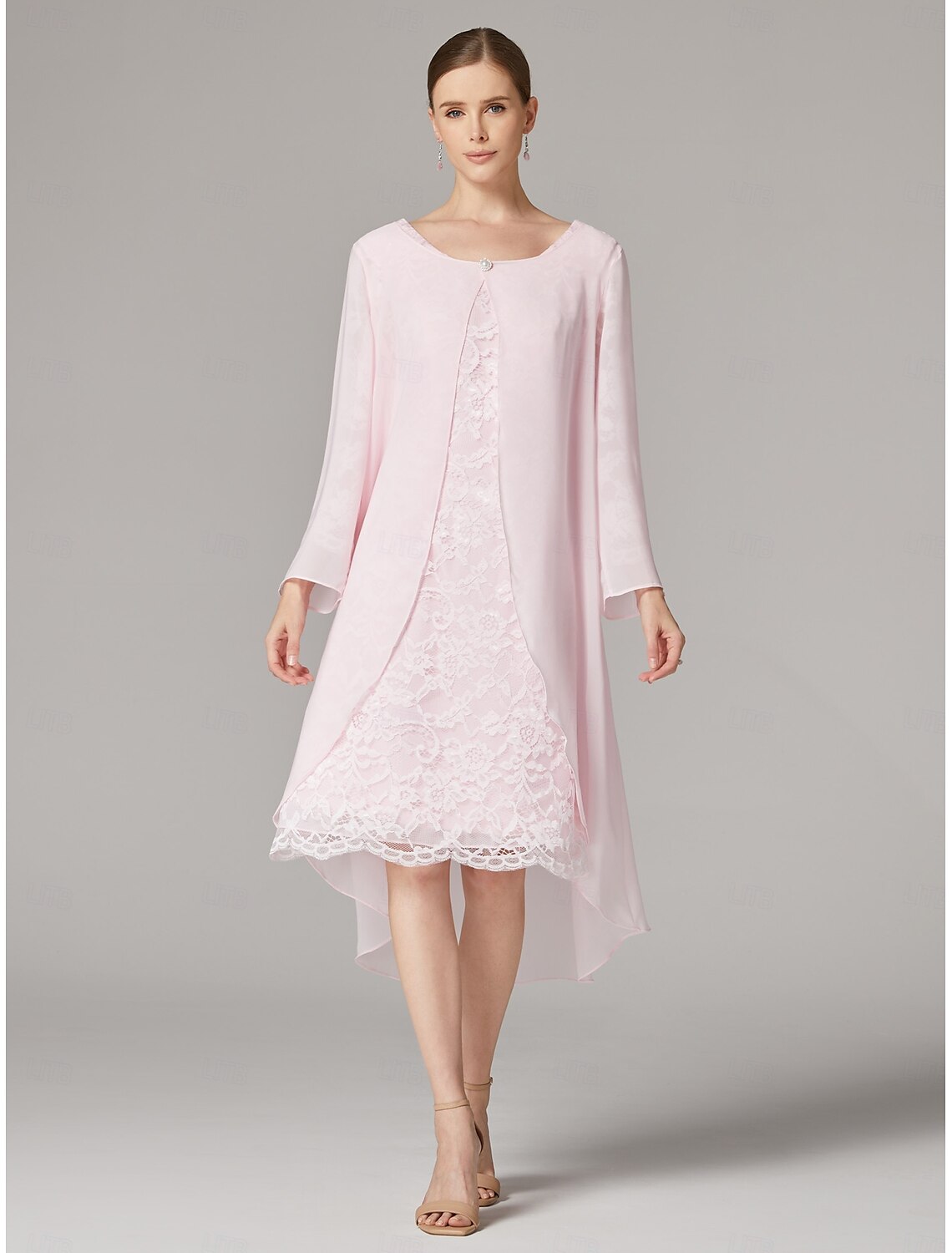 Buyishang Two Piece A-Line Dress Suit Mother of the Bride Dress Elegant Plus Size Jewel Neck Tea Length Chiffon Lace Short Sleeve Jacket Dresses with Solid Color